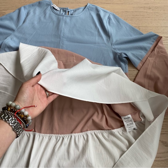 TAVIN Dress, Long Sleeve, Flowy Mini, Pleated, Blue/Pink/White, Women's (US 14) - Picture 7 of 9